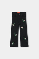 Girls Black Wide Leg Flower Embroidered Pant